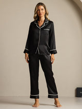 [Negro] SilkSilky-ES Long Sleeve Lapel Collar Pijamas de mujer 003