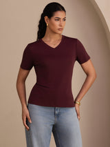 [Vino] SilkSilky-ES Short Sleeve V Neck Camisetas de Mujer 001
