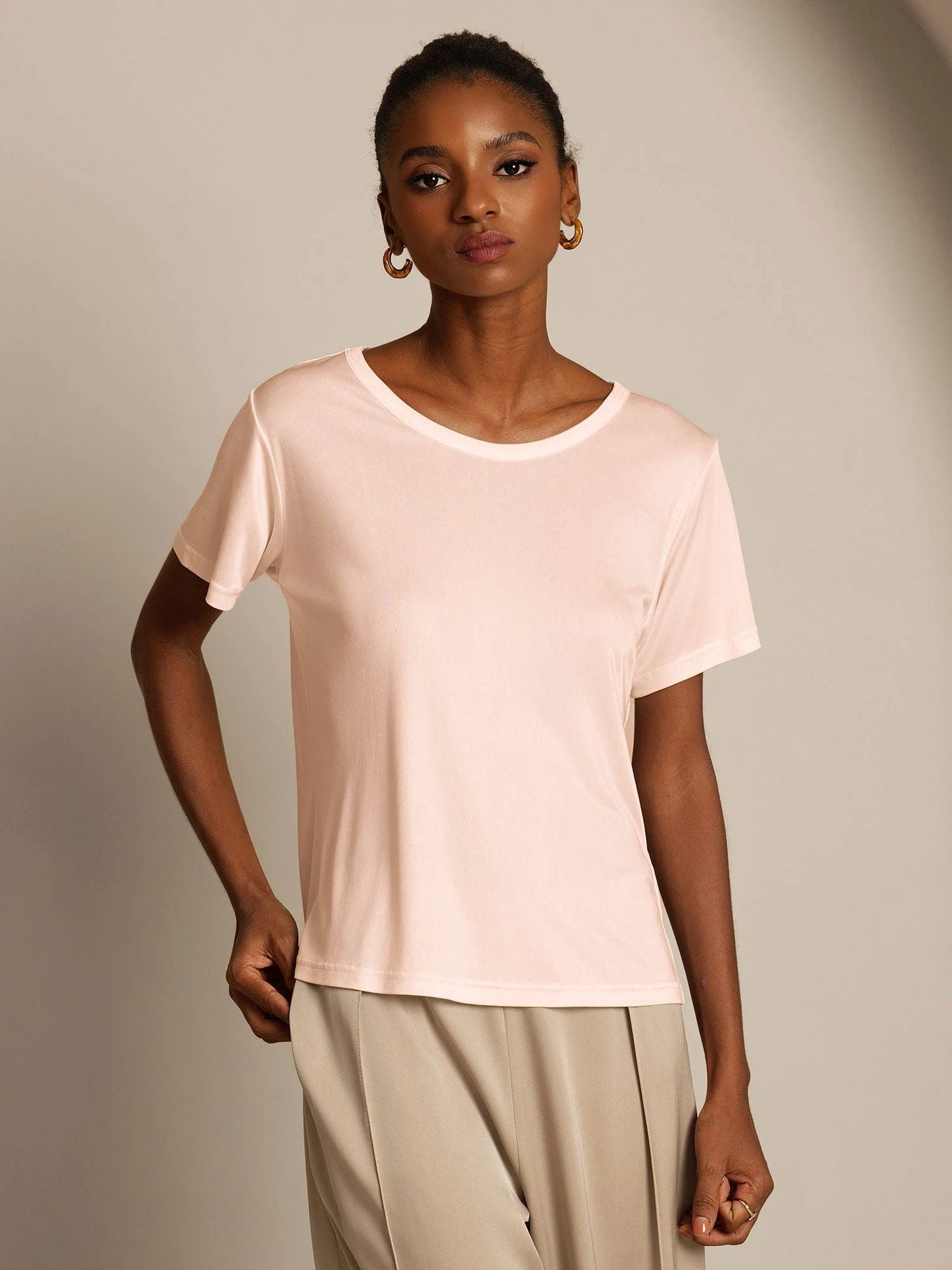 [Rosa Claro] SilkSilky-ES Manga corta Cuello Redondo Camisetas de Mujer 001