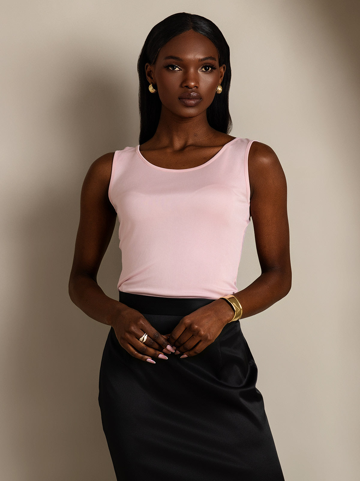 [Rosa] SilkSilky-ES Tejido de seda Sin mangas Round Neck Camisetas de Mujer 004