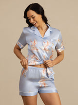 [Azul Claro] SilkSilky-ES Short Sleeve Lapel Collar Pijamas de mujer 004