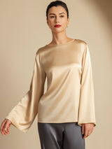 [Champán] SilkSilky-ES Long Sleeve Boat Neck Blusa 001