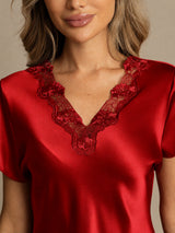 [Rojo Oscuro] SilkSilky-ES Short Sleeve V Neck Camisón 004