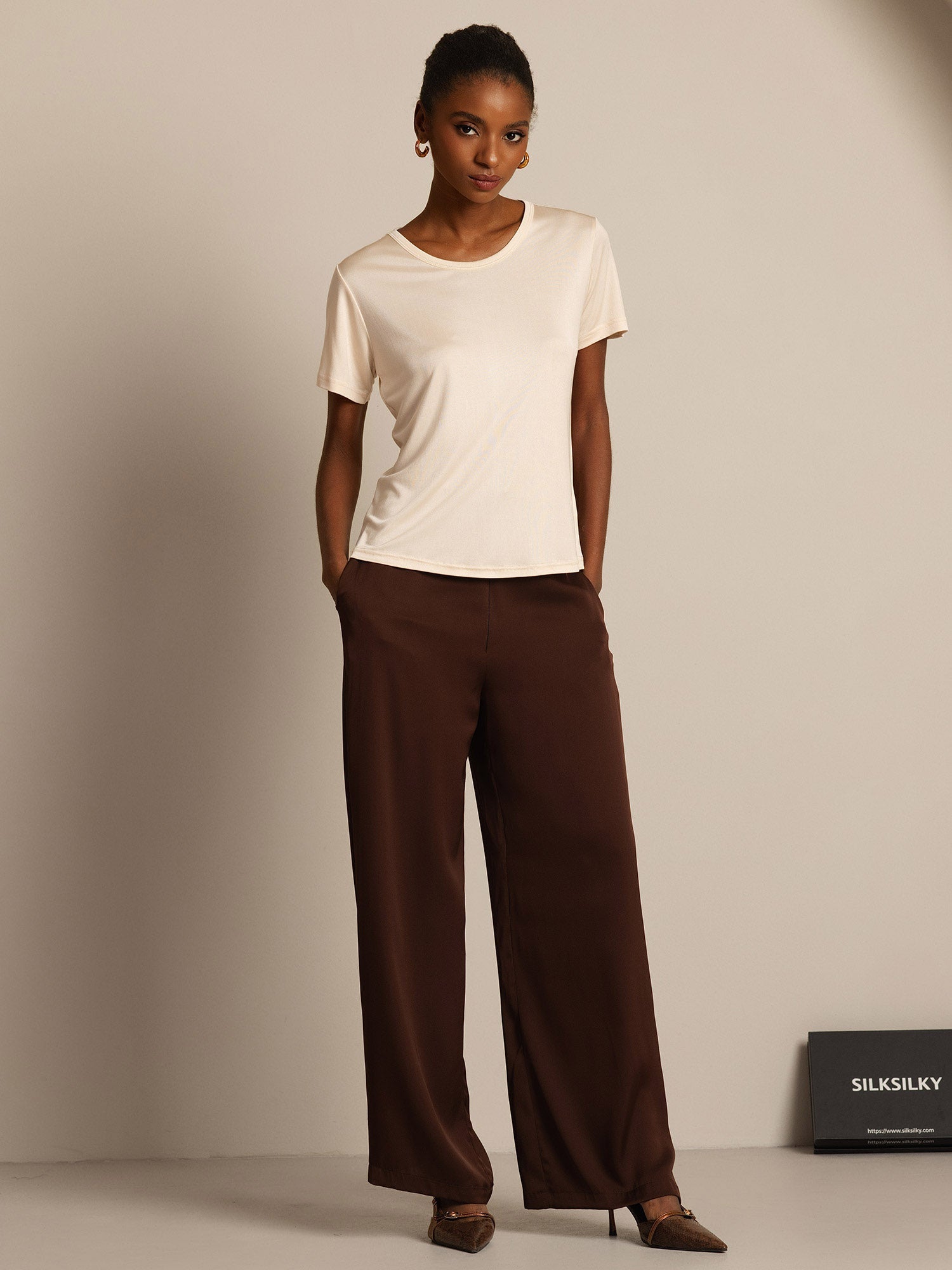 [Beige] SilkSilky-ES Tejido de seda Womens T-Shirt 005,