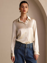 [Beige Arroz] SilkSilky-ES Long Sleeve Lapel Collar Blusas de Mujer 005