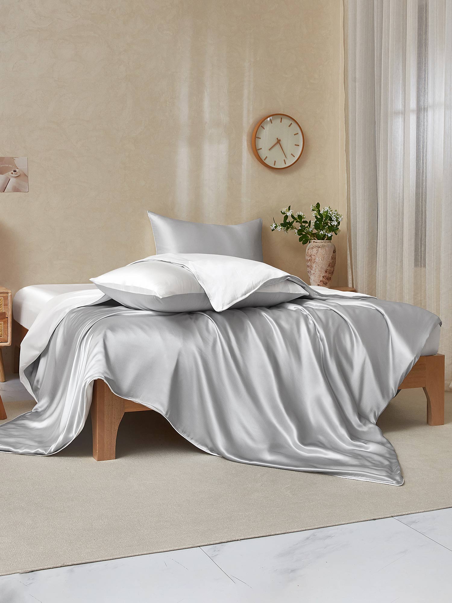 [GrisClaro+Blanco] SilkSilky-ES 25Momme Seda Pura Bedding Set 002,