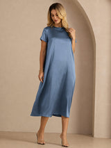 [Verde Azulado Real] SilkSilky-ES Short Sleeve Crew Neck Vestido 006