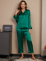 [Verde] SilkSilky-ES Long Sleeve Lapel Collar Pijamas de mujer 001