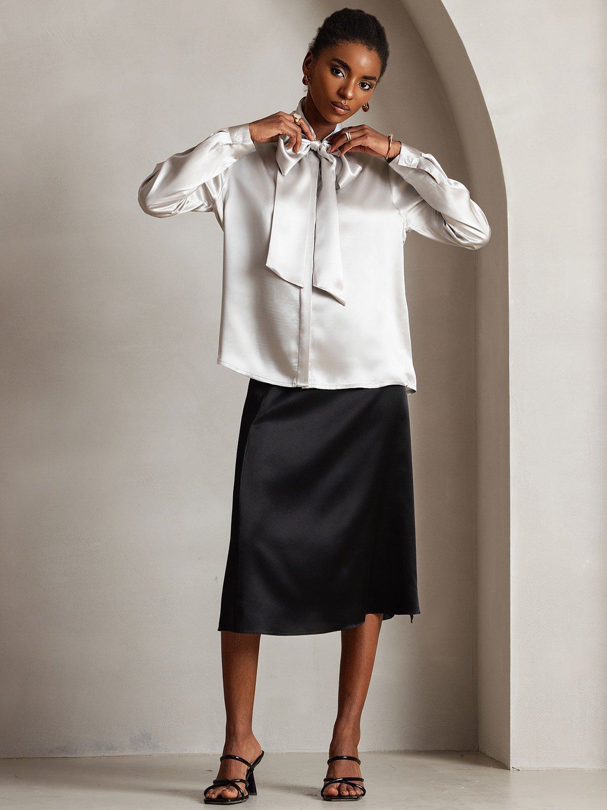 [Gris Claro] SilkSilky-ES 19Momme Seda Manga larga Blouse 005