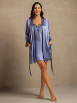[Azul Acero] SilkSilky-ES 3/4 Sleeve V Neck Conjunto de camisón y bata 008