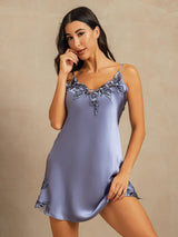[Azul Acero] SilkSilky-ES Spaghetti Strap V Neck Camisón 001