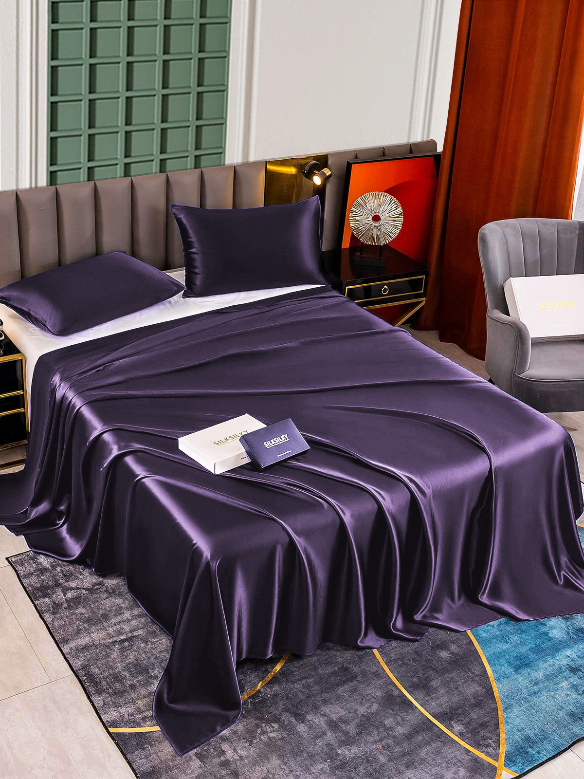 [Morado Oscuro] SilkSilky-ES 22Momme Seda Pura Bedding Set 002,