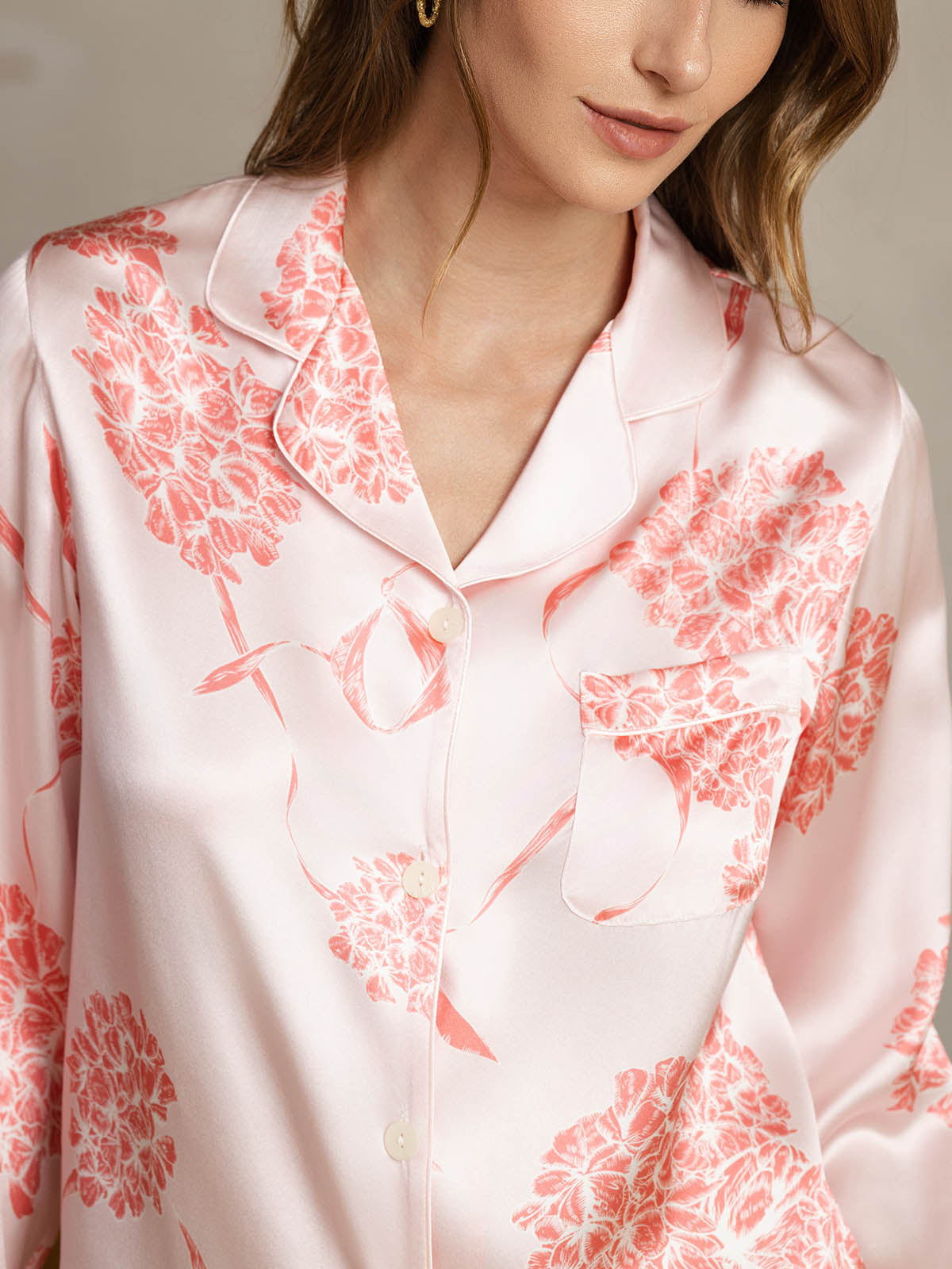 [Flores Coral] SilkSilky-ES Seda Pura Womens Pajamas 005