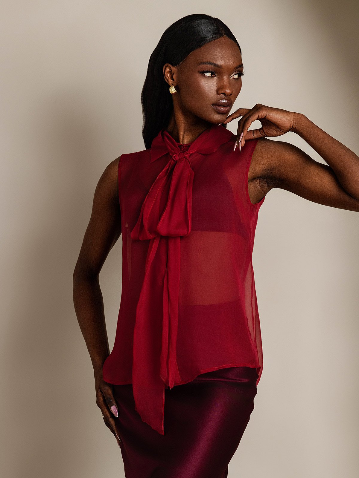 SilkSilky-ES Seda Pura Sin mangas Corbata Blusas de Mujer Vino 004