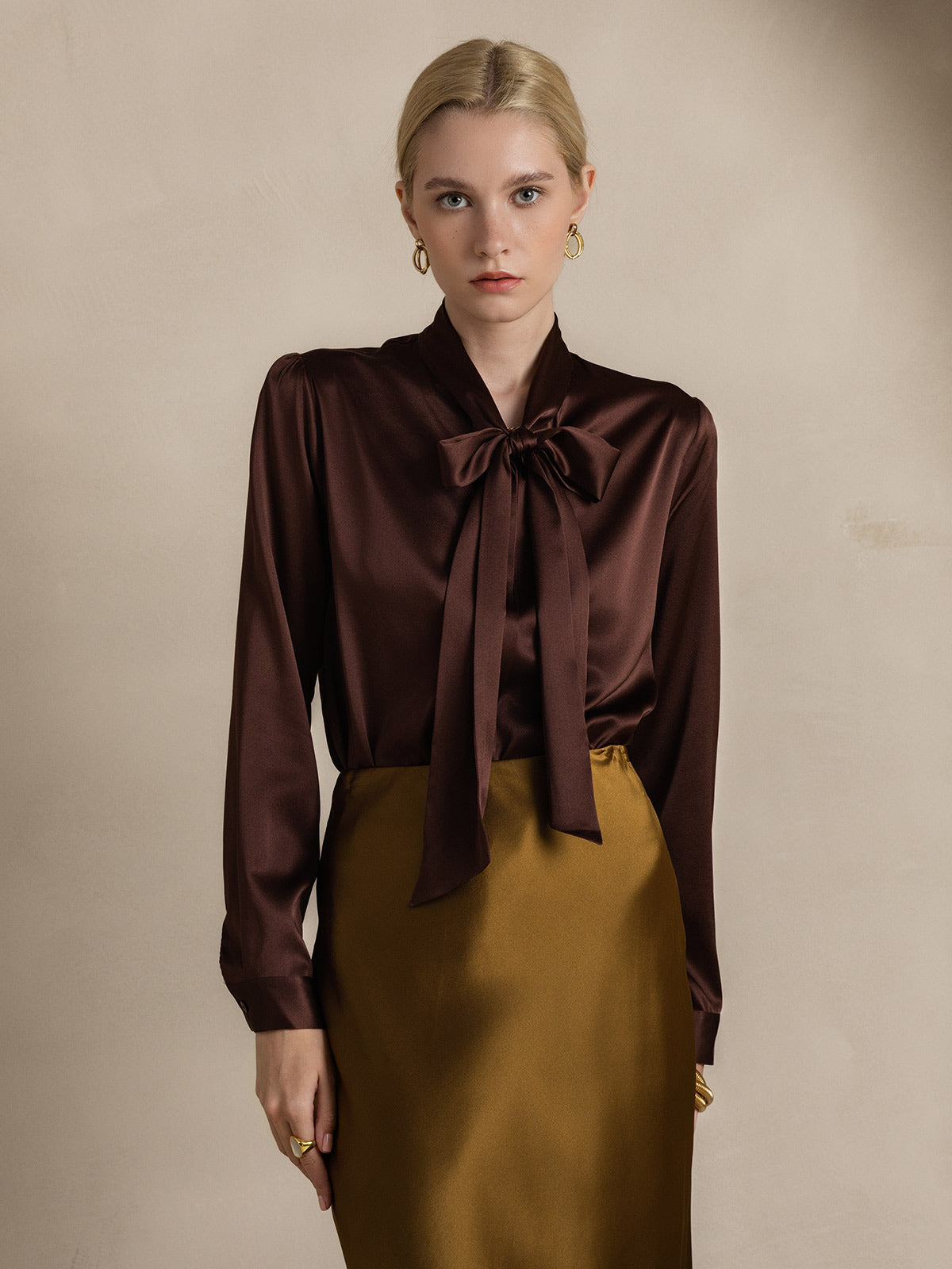 [Café] SilkSilky-ES 19Momme Seda Manga larga Corbata Blusas de Mujer 003