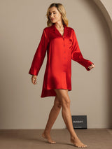 [Rojo] SilkSilky-ES Long Sleeve Lapel Collar Camisas de dormir 004