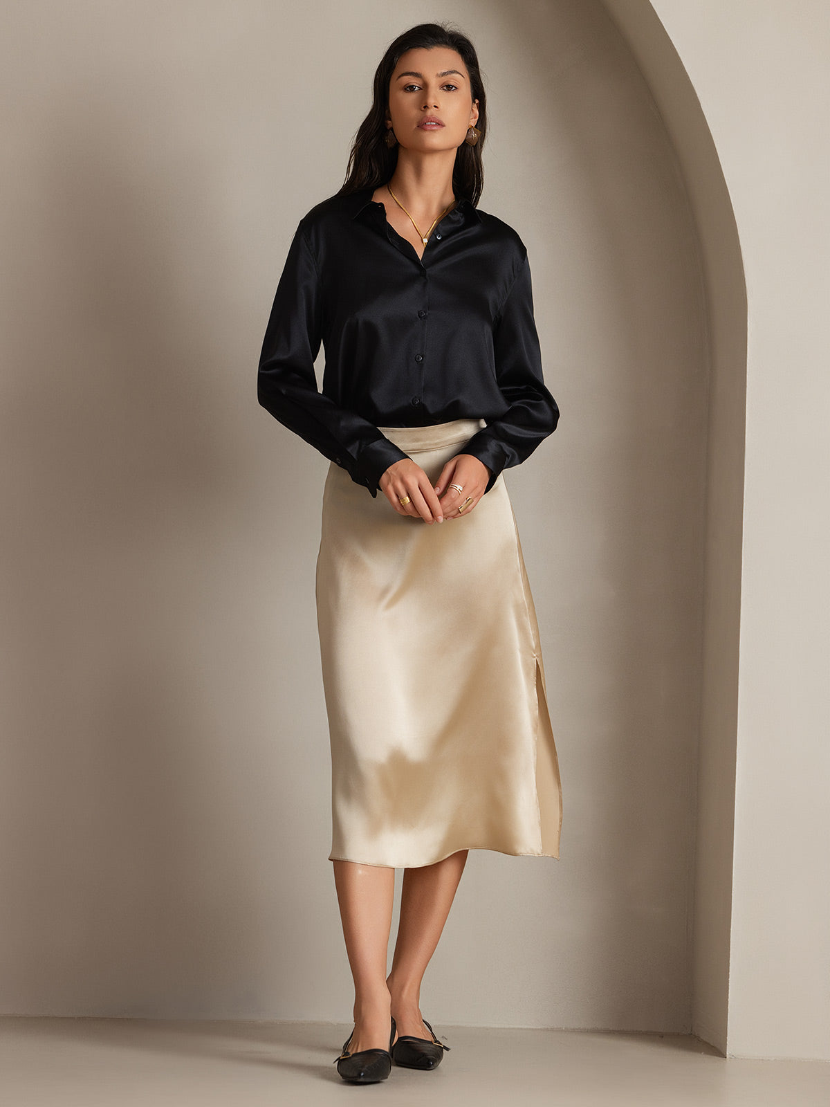 [Negro] SilkSilky-ES Seda Manga larga Cuello Camisero Blusas de Mujer 004