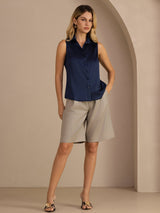 [Azul Oscuro] SilkSilky-ES Sleeveless Lapel Collar Blusas de Mujer 007