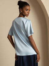 [Azul Grisáceo] SilkSilky-ES Short Sleeve Cowl Neck Blusas 002