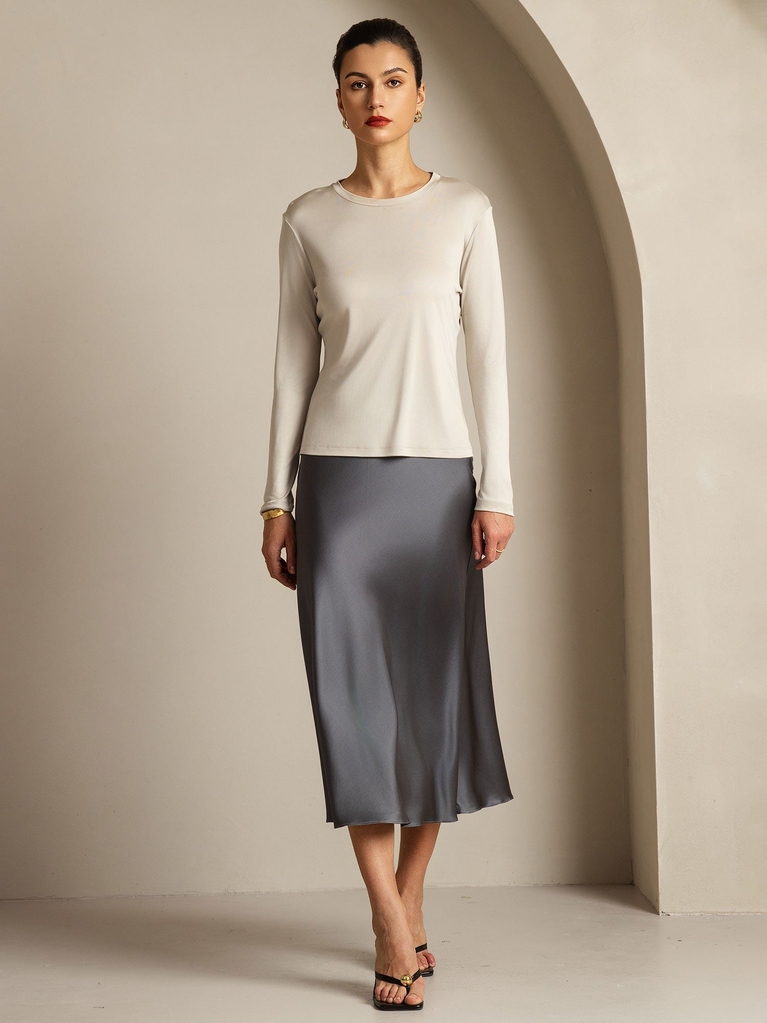 [Gris] SilkSilky-ES Seda Pura Womens T-Shirt 007,