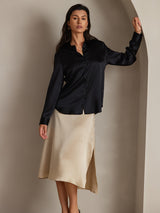 [Negro] SilkSilky-ES Long Sleeve Lapel Collar Blusas de Mujer 001
