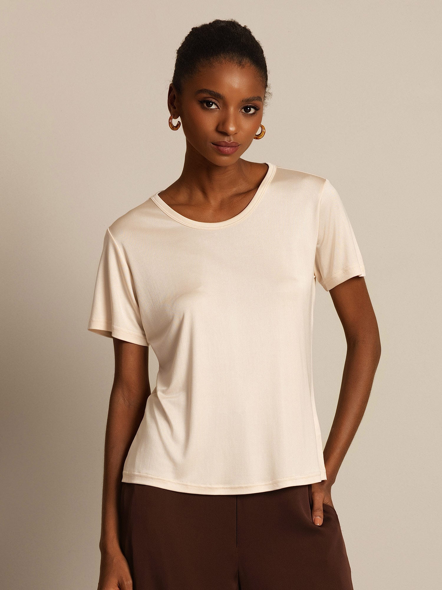 [Beige] SilkSilky-ES Manga corta Cuello Redondo Camisetas de Mujer 005