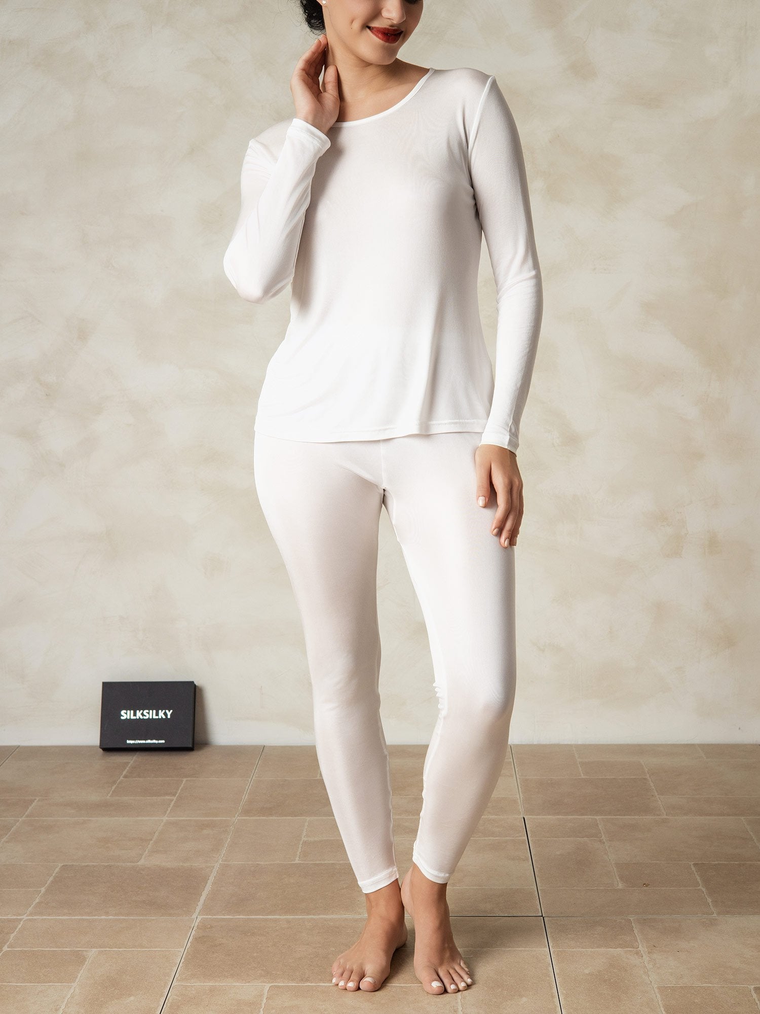 [Blanco] SilkSilky-ES Manga larga Cuello Redondo Ropa Interior Larga Mujer 003