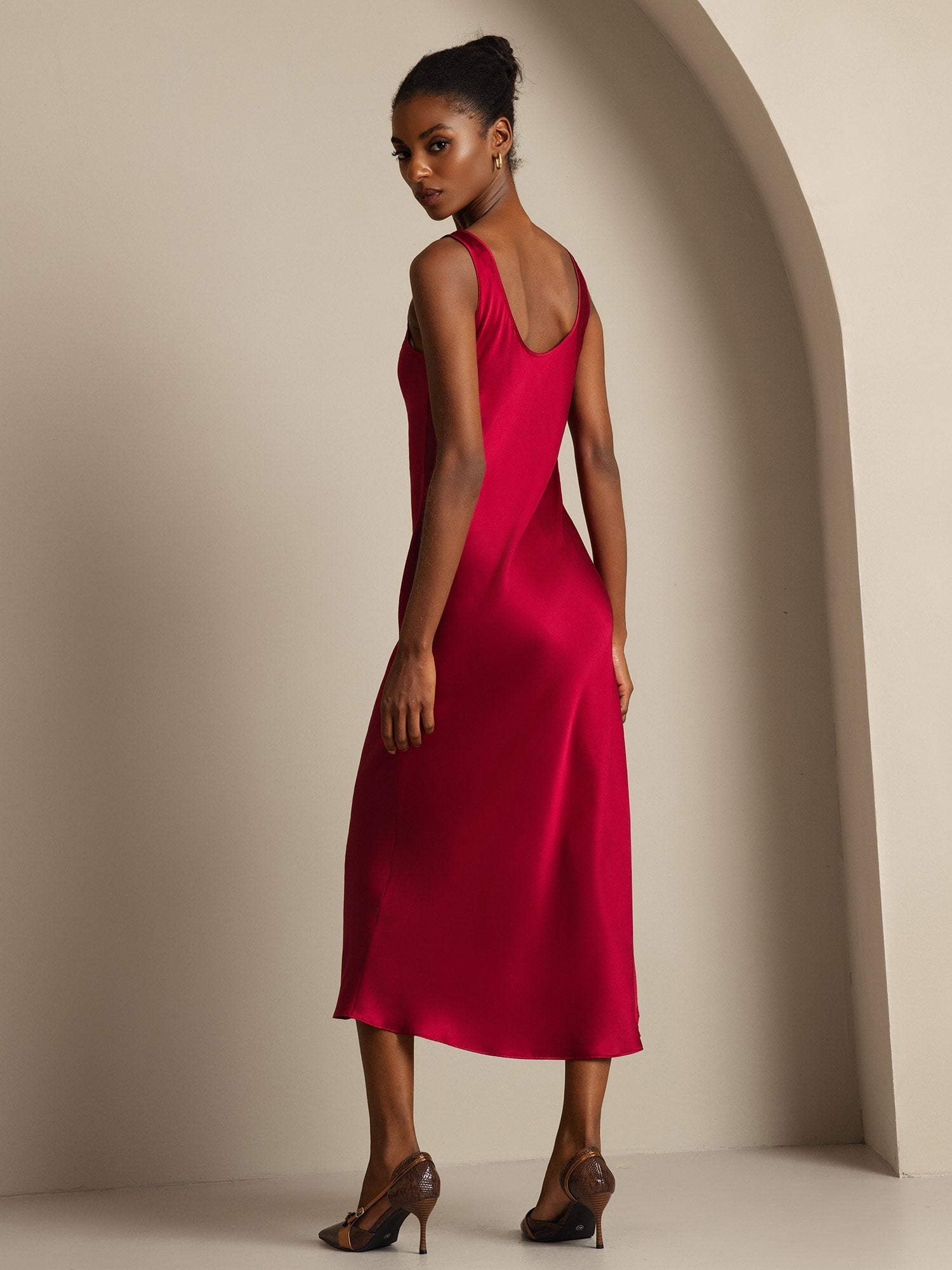 [Vino] SilkSilky-ES Seda Pura Cuello Barco Vestido 002,