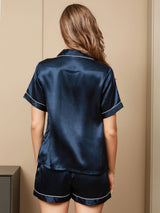 [Azul Oscuro] SilkSilky-ES Short Sleeve Lapel Collar Pijamas de mujer 002