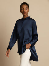 [Azul Oscuro] SilkSilky-ES 19Momme Manga larga Cuello Alto Blusa 004