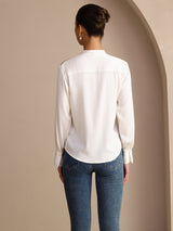 [Blanco] SilkSilky-ES Long Sleeve Tie Neck Blusas 002