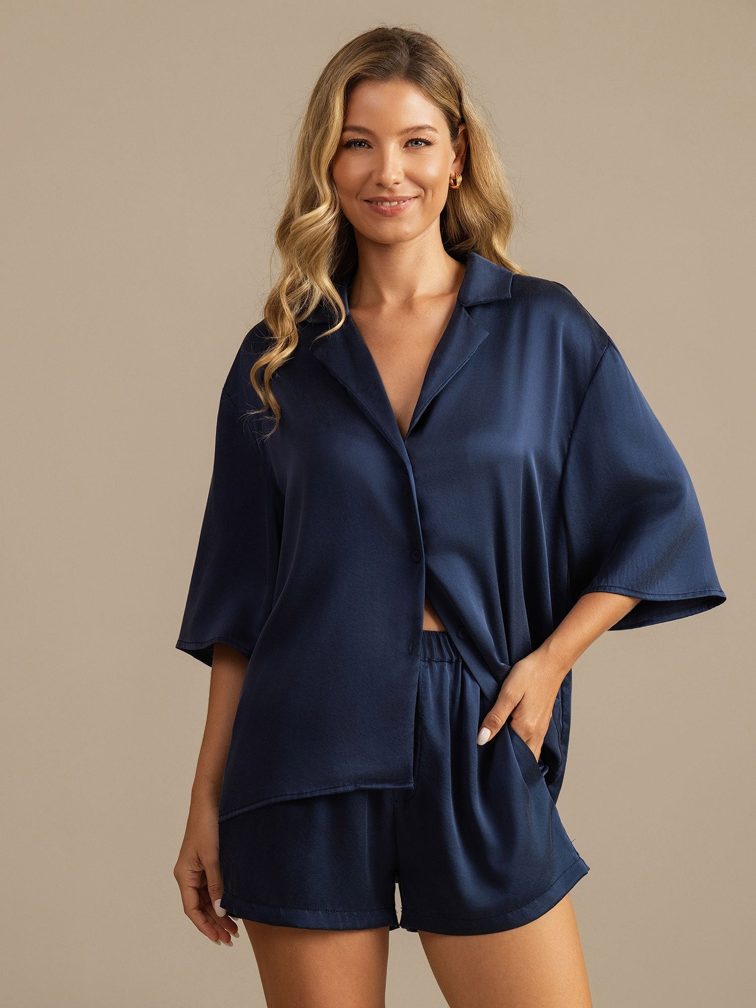 [Azul Oscuro] SilkSilky-ES 19Momme Seda Pura Cuello Camisero Pijamas de mujer 007,