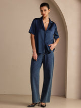 [Azul Oscuro] SilkSilky-ES Short Sleeve Lapel Collar Blusas de Mujer 007