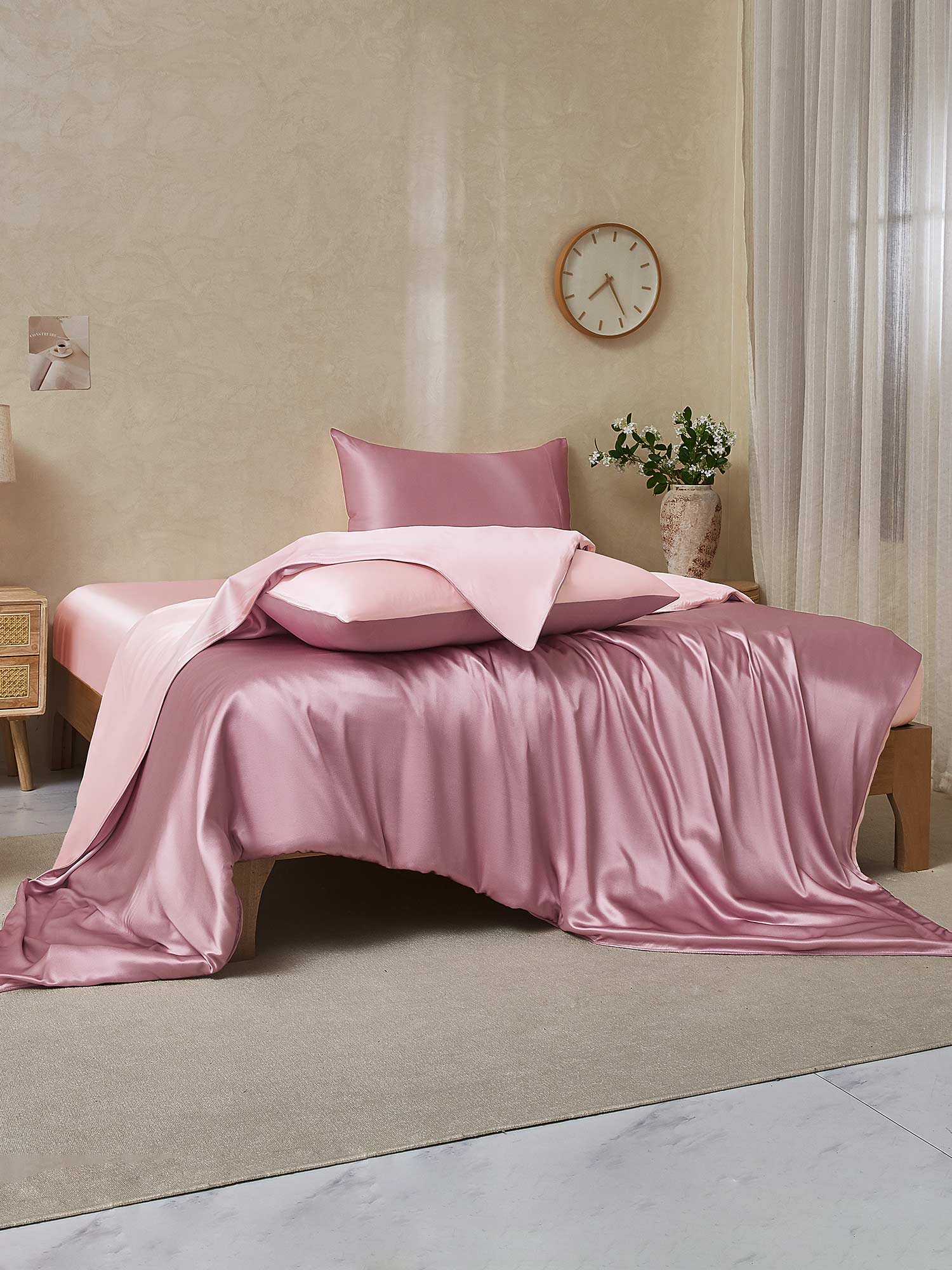 [MalvaPálido+RosaClaro] SilkSilky-ES 22Momme Seda Pura Bedding Set 002,