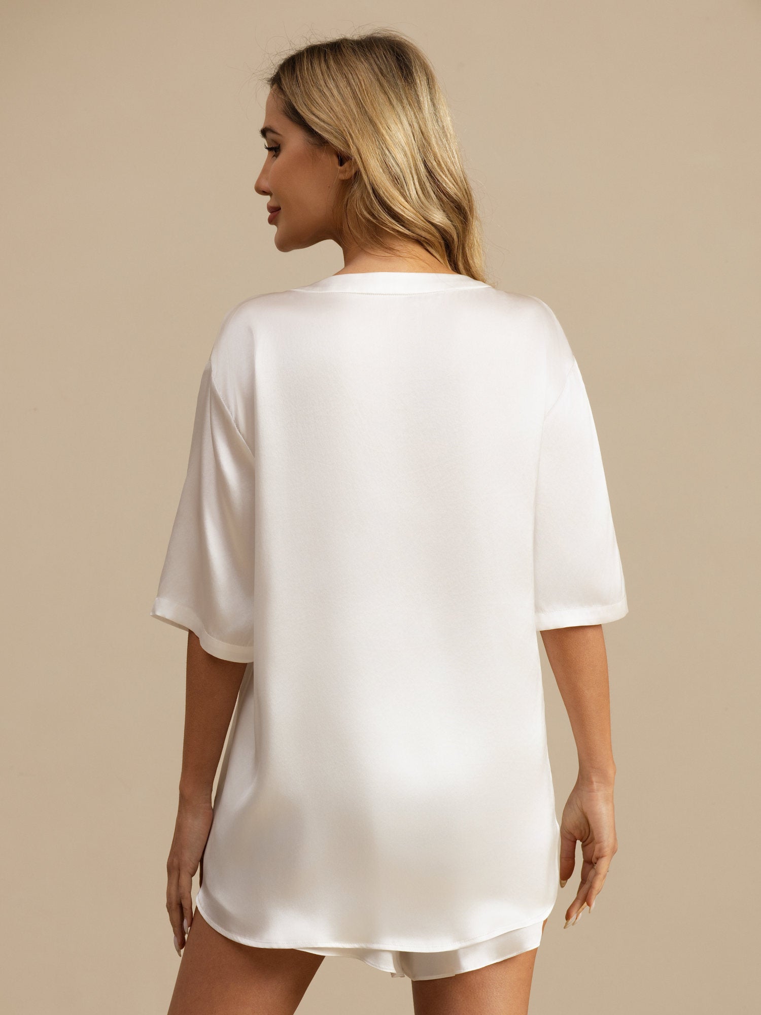 [Blanco] SilkSilky-ES Manga corta Cuello Redondo Pijamas de mujer 002