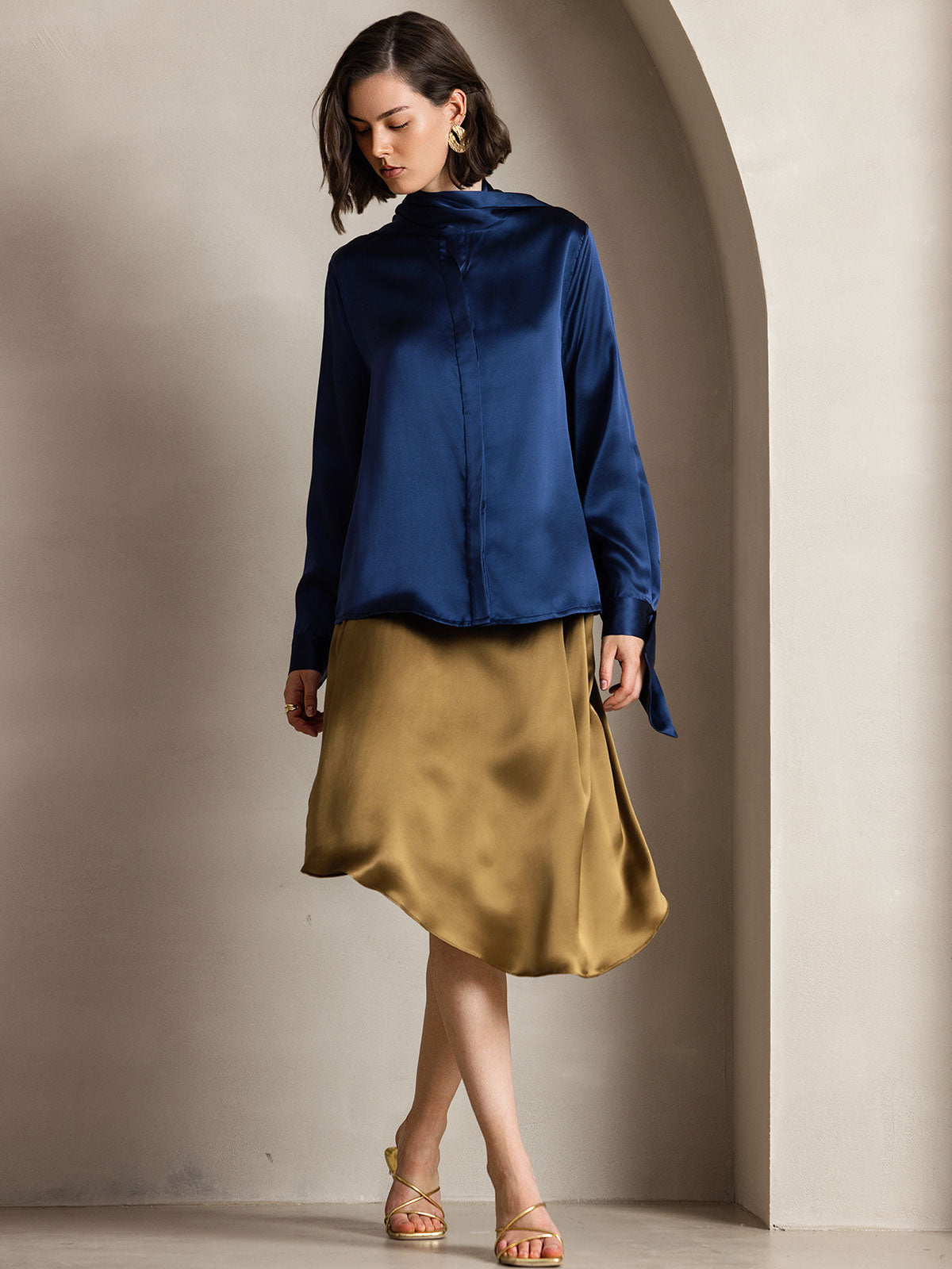 [Azul Oscuro] SilkSilky-ES 19Momme Manga larga Blusa 003