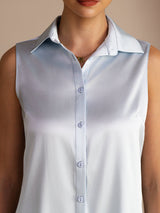 [Azul Claro] SilkSilky-ES Sleeveless Lapel Collar Blusas de Mujer 004