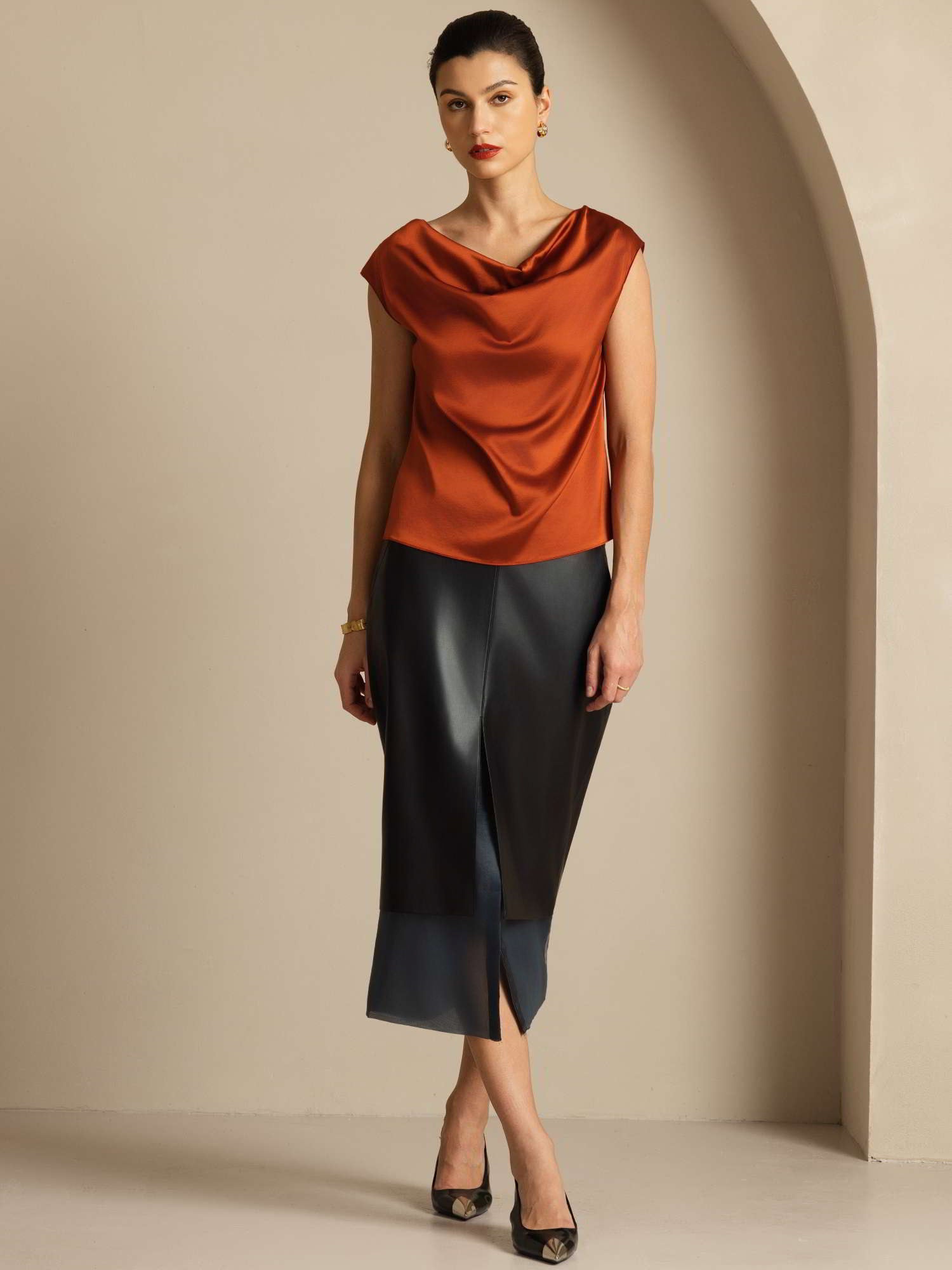 [Caramelo] SilkSilky-ES 19Momme Seda Sin mangas Womens T-Shirt 007