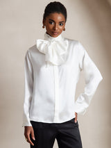 [Blanco] SilkSilky-ES Long Sleeve Tie Neck Blusa 003