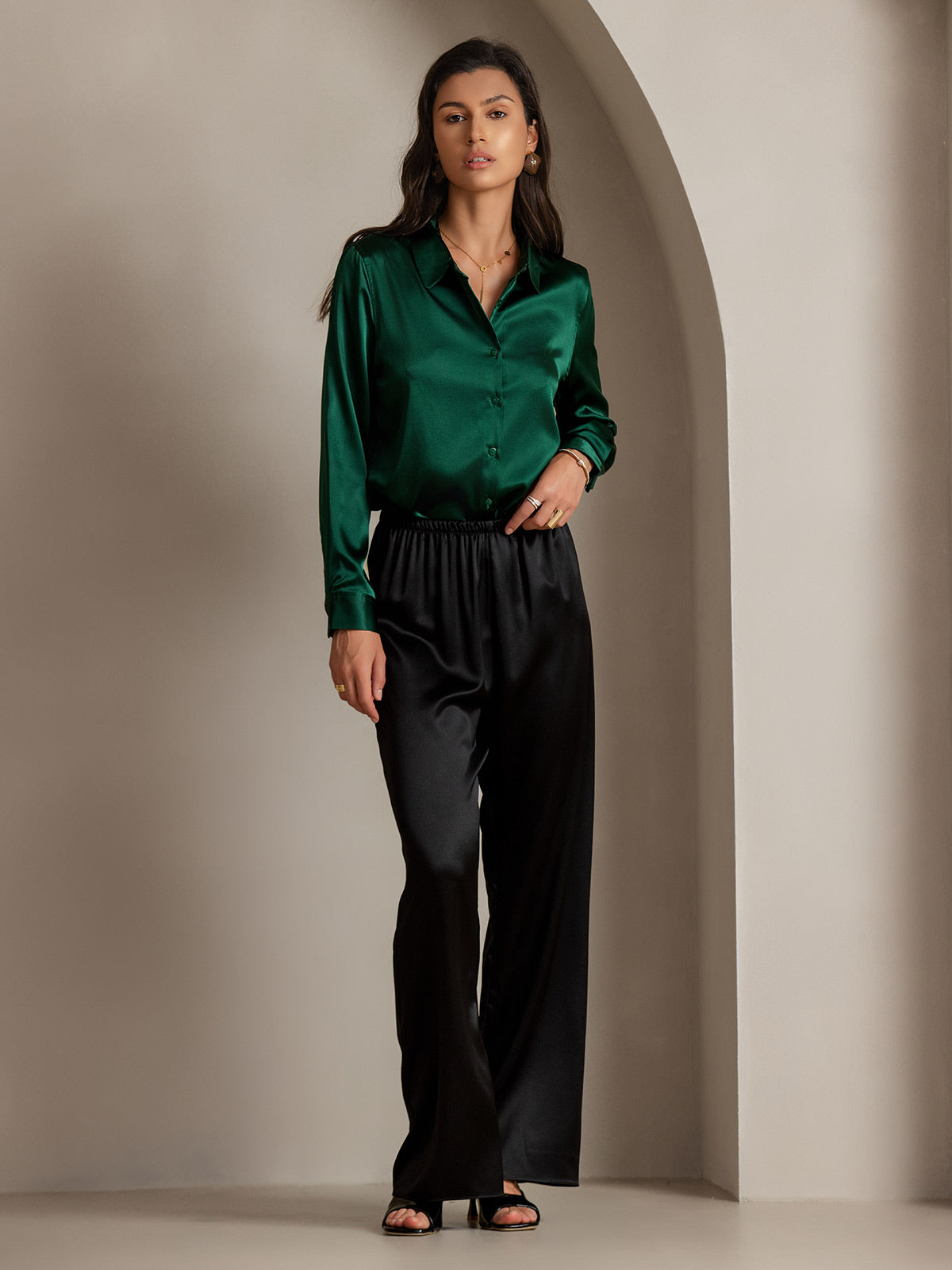 [Verde Oscuro] SilkSilky-ES Seda Manga larga Cuello Camisero Blusas de Mujer 005