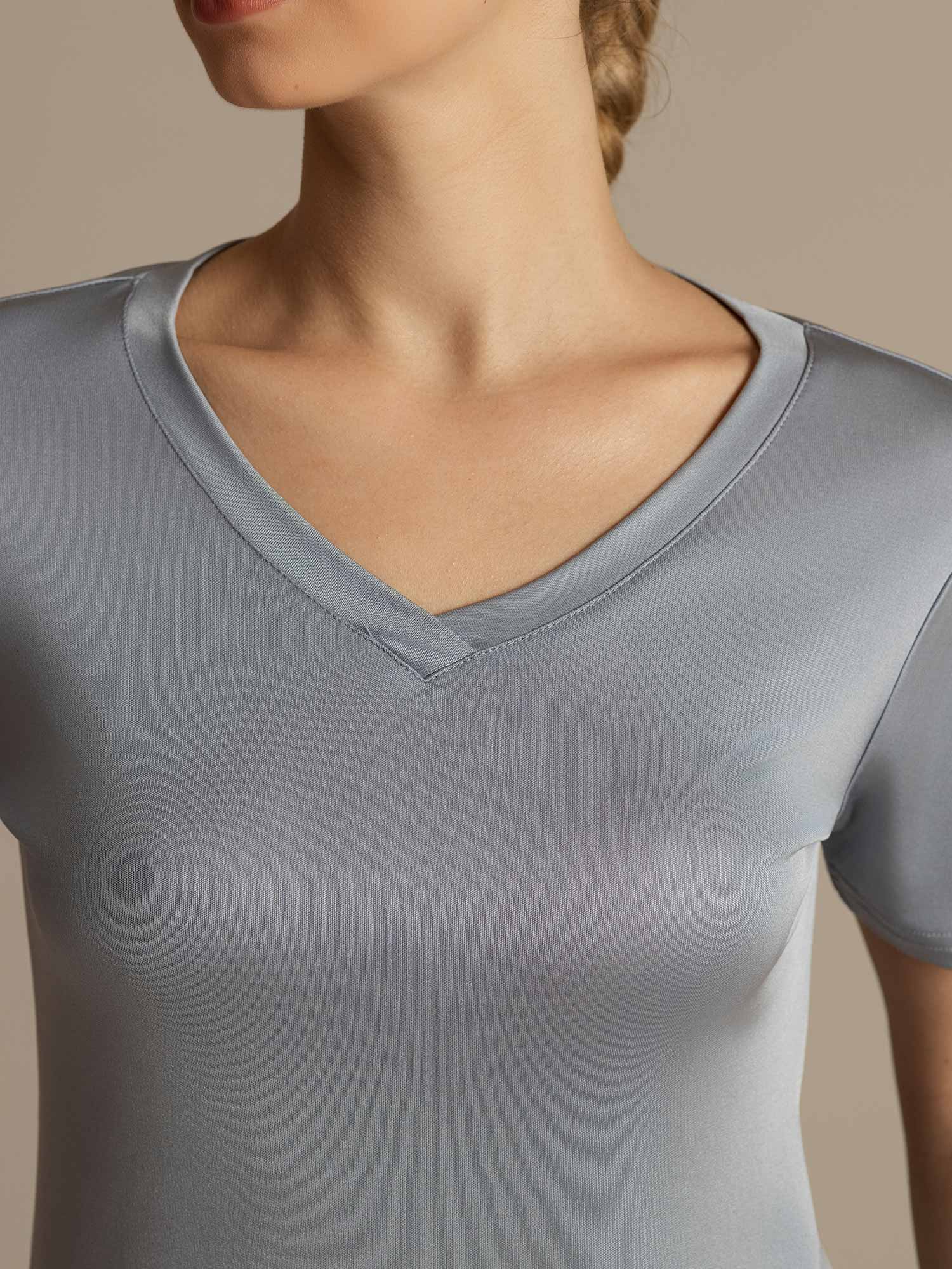 [Gris Claro] SilkSilky-ES Manga corta Cuello en V Camisetas de Mujer 004