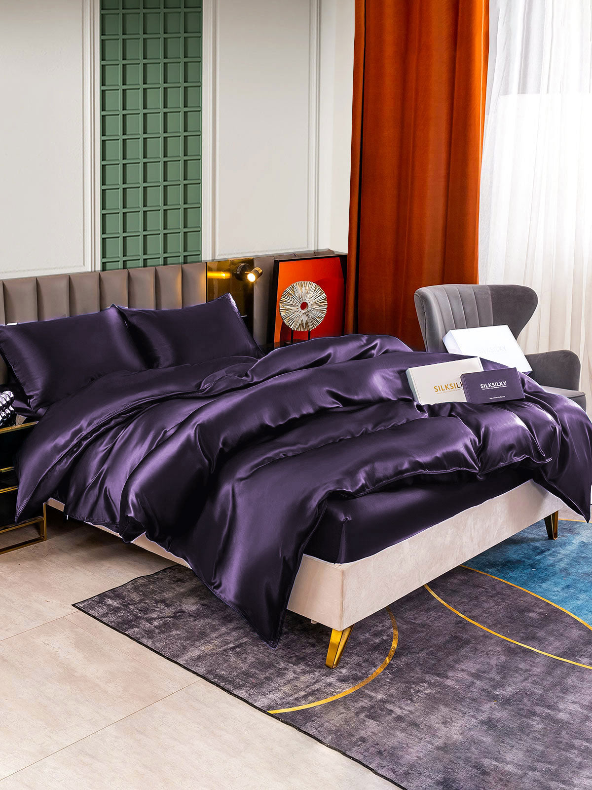 [Morado Oscuro] SilkSilky-ES 22Momme Seda Pura Bedding Set 005,