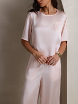[Rosa] SilkSilky-ES Half Sleeve Round Neck Pijamas de mujer 007
