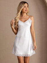 [Blanco] SilkSilky-ES Spaghetti Strap V Neck Camisón 005