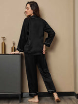 [Negro] SilkSilky-ES Long Sleeve Lapel Collar Pijamas de mujer 002