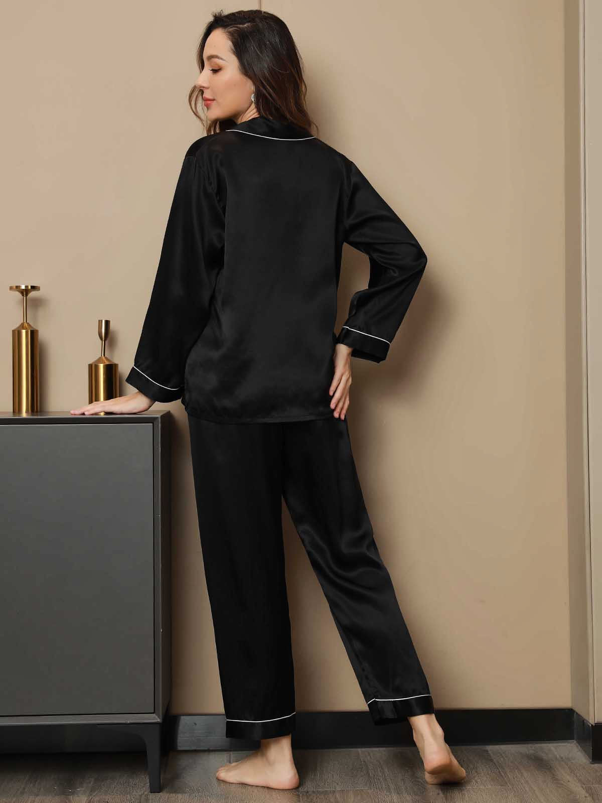 [Negro] SilkSilky-ES Manga larga Cuello de Muesca Pijamas de mujer 002