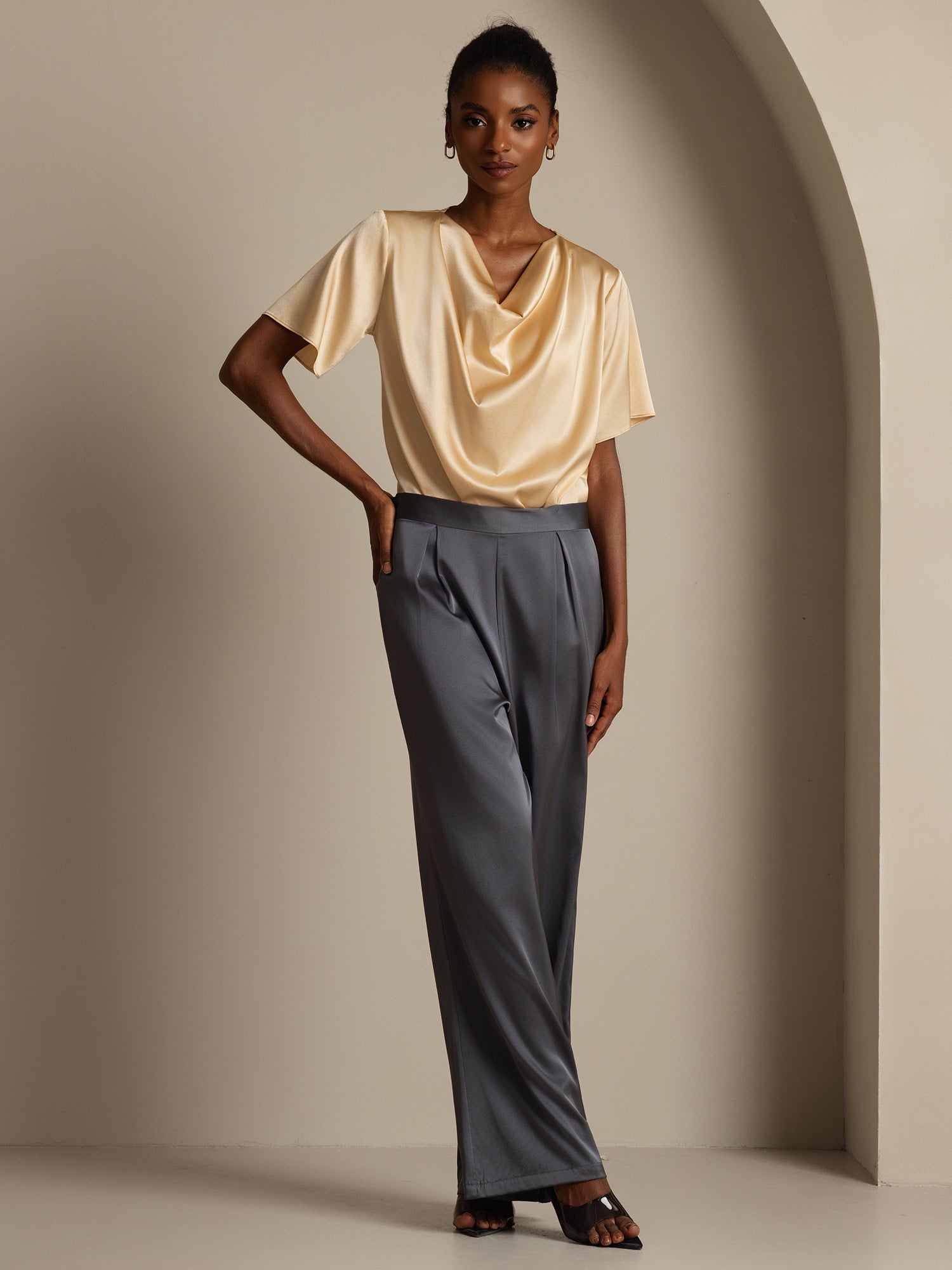 [Gris Oscuro] SilkSilky-ES 19Momme Seda Womens Pants 007,