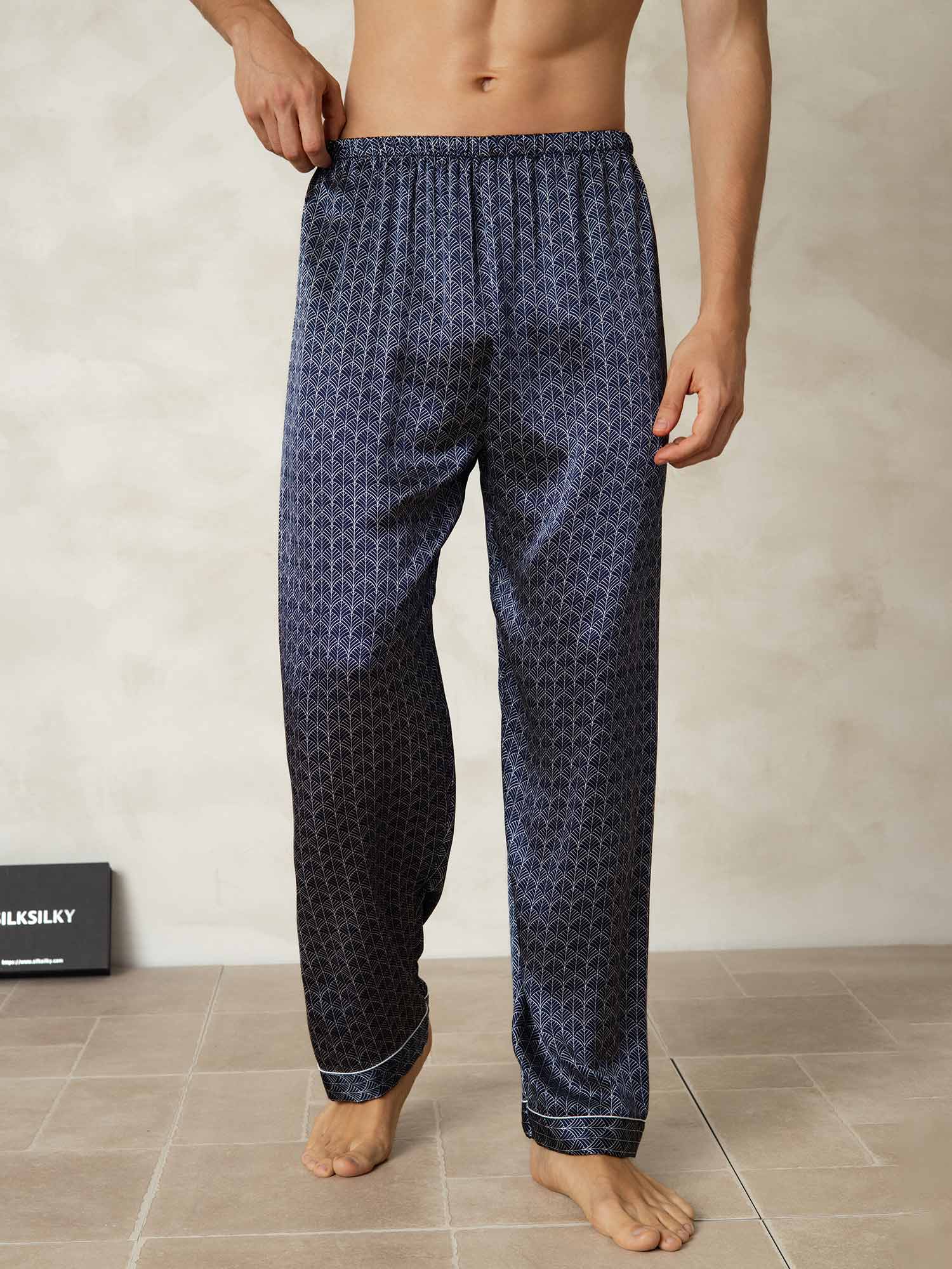[Ginkgo Azul Marino] SilkSilky-ES Seda Pura Mens Sleep Bottoms 001