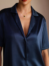 [Azul Oscuro] SilkSilky-ES Short Sleeve Lapel Collar Blusas de Mujer 004