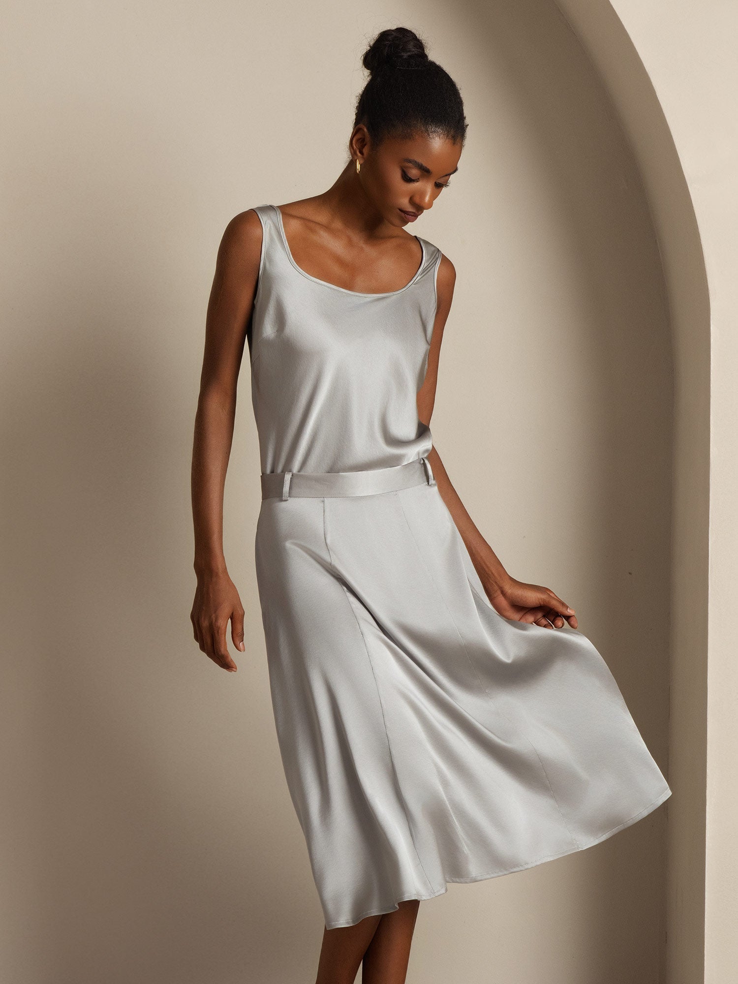 [Gris Griffin] SilkSilky-ES 19Momme Seda Cuello en U Top de tirantes 005,